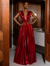 Metallic Satin A-Line V Neck Evening Dresses with Belt