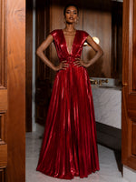 Metallic Satin A-Line V Neck Evening Dresses with Belt