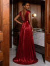 Metallic Satin A-Line V Neck Evening Dresses with Belt