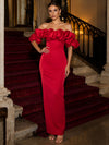Satin Sheath Off Shoulder Evening Dresses with Ruffles