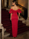 Satin Sheath Off Shoulder Evening Dresses with Ruffles