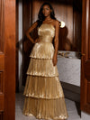 Metallic Satin A-Line Strapless Evening Dresses with Delicate Pleated