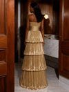 Metallic Satin A-Line Strapless Evening Dresses with Delicate Pleated