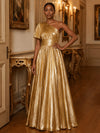 Metallic Satin A-Line One Shoulder Evening Dresses with Delicate Pleated