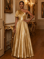 Metallic Satin A-Line One Shoulder Evening Dresses with Delicate Pleated