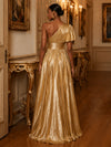 Metallic Satin A-Line One Shoulder Evening Dresses with Delicate Pleated