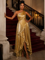 Metallic Satin A-Line One Shoulder Evening Dresses with Delicate Pleated