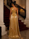 Metallic Satin A-Line One Shoulder Evening Dresses with Delicate Pleated