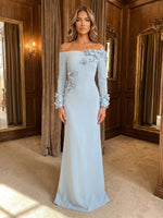 Jersey Sheath Off Shoulder Evening Dresses with 3D Flowers