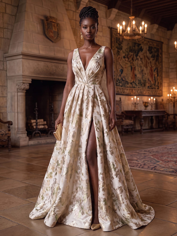 Jacquard A-Line V Neck Evening Dresses with Side Slit