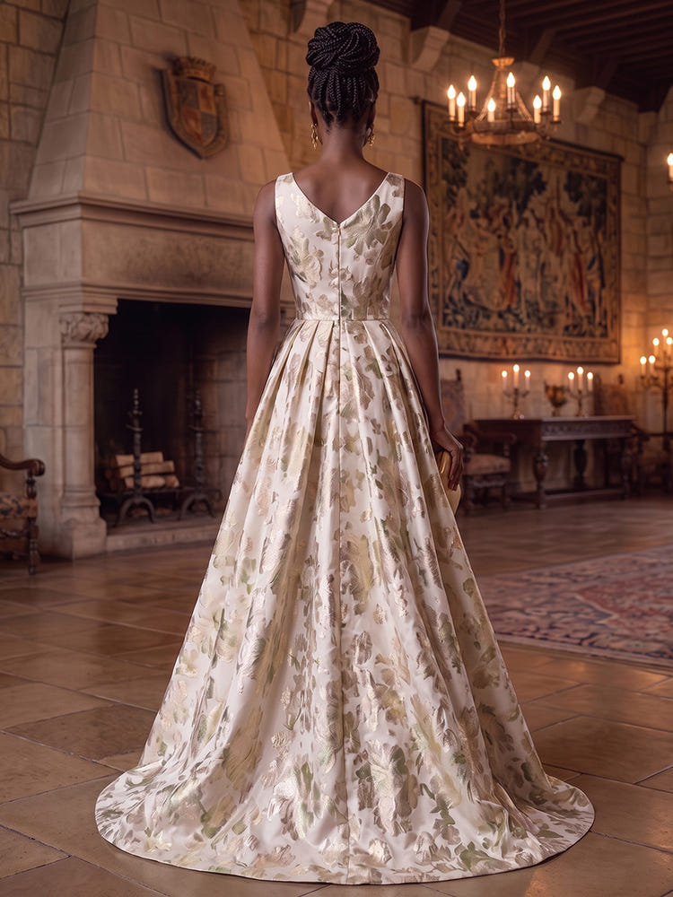 Jacquard A-Line V Neck Evening Dresses with Side Slit