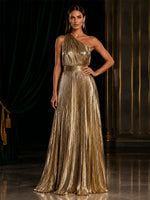 Metallic Foil Chiffon A-Line One Shoulder Evening Dresses with Delicate Pleated