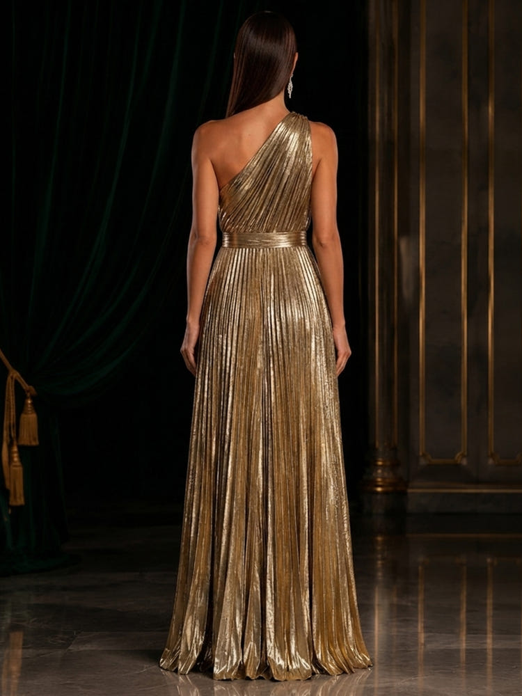 Metallic Foil Chiffon A-Line One Shoulder Evening Dresses with Delicate Pleated