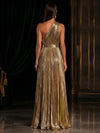 Metallic Foil Chiffon A-Line One Shoulder Evening Dresses with Delicate Pleated