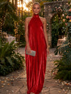 Metallic Foil Chiffon Sheath Halter Evening Dresses with Delicate Pleated