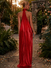 Metallic Foil Chiffon Sheath Halter Evening Dresses with Delicate Pleated