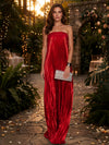 Metallic Foil Chiffon Sheath Strapless Evening Dresses with Delicate Pleated