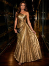 Metallic Foil Chiffon A-Line One Shoulder Evening Dresses with Side Waist Ruched Shaping Detail