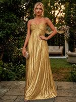 Metallic Foil Chiffon A-Line Strapless Evening Dresses with Delicate Pleated
