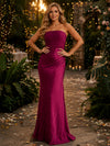 Metallic Foil Chiffon Mermaid Strapless Evening Dresses with Delicate Pleated