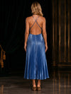 Metallic Foil Chiffon A-Line Halter Evening Dresses with Bust Ruched & Multi-Cutout Details