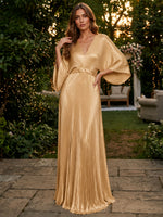 Metallic Foil Chiffon A-Line V Neck Evening Dresses with Delicate Pleated