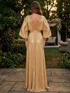 Metallic Foil Chiffon A-Line V Neck Evening Dresses with Delicate Pleated