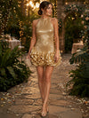 Metallic Foil Chiffon Sheath Halter Evening Dresses with Delicate Pleated