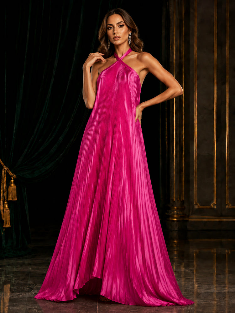 Metallic Foil Chiffon A-Line Halter Evening Dresses with Delicate Pleated