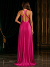 Metallic Foil Chiffon A-Line Halter Evening Dresses with Delicate Pleated