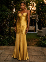 Metallic Satin Mermaid Sweetheart Evening Dresses with Front Vertical Ruched Detail