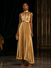 Metallic Foil Chiffon A-Line Halter Evening Dresses with Deep V Neck