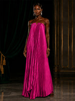 Metallic Foil Chiffon A-Line Strapless Evening Dresses with Delicate Pleated