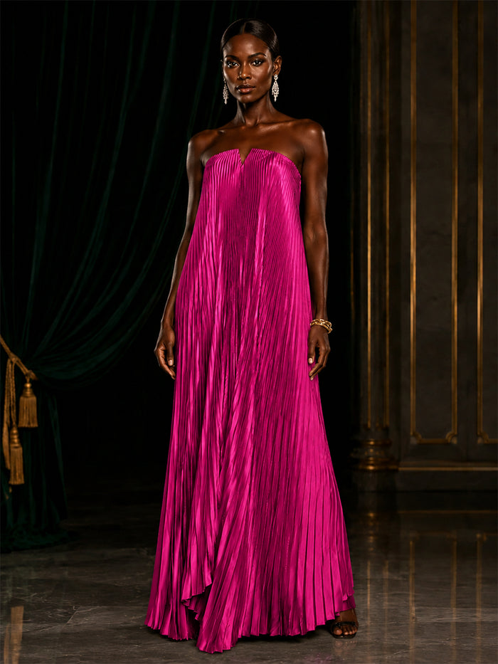 Metallic Foil Chiffon A-Line Strapless Evening Dresses with Delicate Pleated