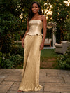 Metallic Foil Chiffon Mermaid Strapless Evening Dresses with Peplum Ruffle Hem