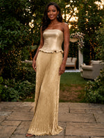 Metallic Foil Chiffon Mermaid Strapless Evening Dresses with Peplum Ruffle Hem