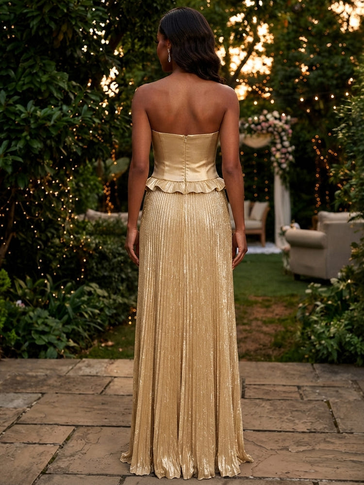 Metallic Foil Chiffon Mermaid Strapless Evening Dresses with Peplum Ruffle Hem
