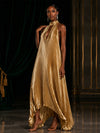 Metallic Foil Chiffon A-Line Halter Evening Dresses with Deep V Neck