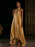 Metallic Foil Chiffon A-Line Halter Evening Dresses with Deep V Neck