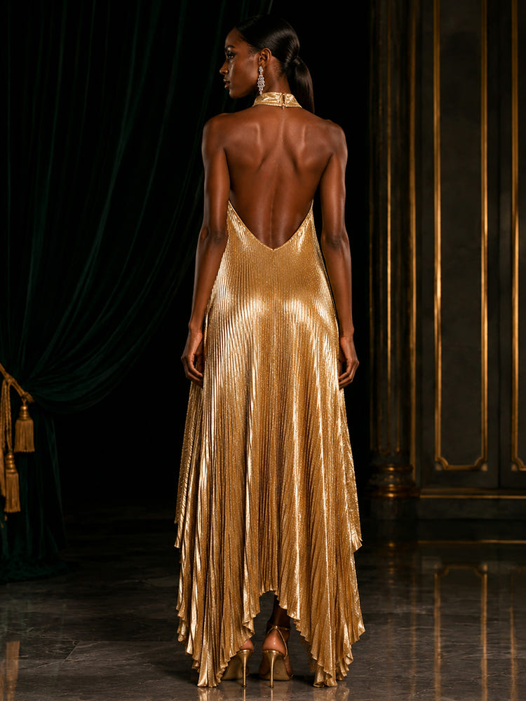 Metallic Foil Chiffon A-Line Halter Evening Dresses with Deep V Neck