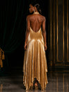 Metallic Foil Chiffon A-Line Halter Evening Dresses with Deep V Neck