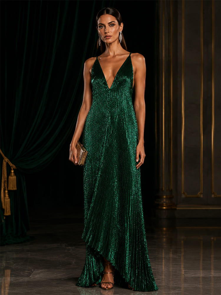 Metallic Foil Chiffon A-Line Spaghetti Straps Evening Dresses with Deep V Neck