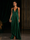 Metallic Foil Chiffon A-Line Spaghetti Straps Evening Dresses with Deep V Neck