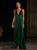 Metallic Foil Chiffon A-Line Spaghetti Straps Evening Dresses with Deep V Neck