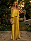 Metallic Satin Sheath Strapless Evening Dresses with Ruffles