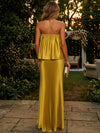 Metallic Satin Sheath Strapless Evening Dresses with Ruffles