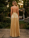 Metallic Foil Chiffon A-Line Halter Evening Dresses with Delicate Pleated