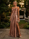 Metallic Satin A-Line Strapless Evening Dresses with Keyhole