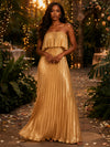 Metallic Satin A-Line Strapless Evening Dresses with Delicate Pleated