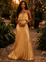 Metallic Satin A-Line Strapless Evening Dresses with Delicate Pleated